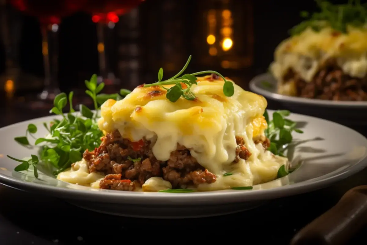 escondidinho de carne moída com purê de batatas e queijo gratinado